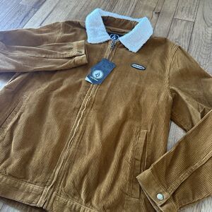 Volcom Halecrest Corduroy Trucker Jacket Faux Collar Size Medium Rust Bomber New